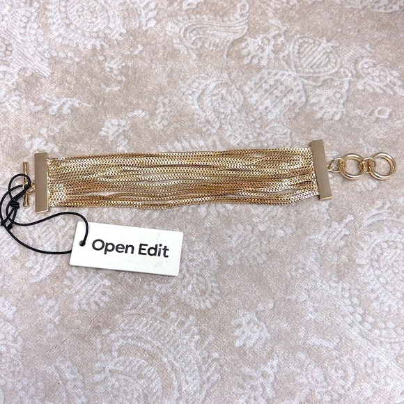 Brand New Open Edit Gold Tone Multi-Strand Chain Toggle Bracelet Statement Cuff - Picture 3 of 14